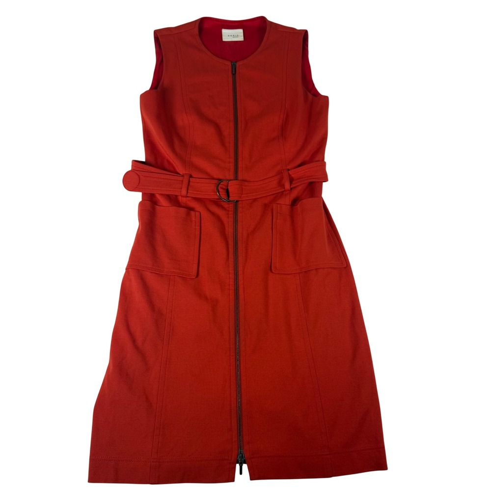 Akris Punto Dress Sheath 6 Red Orange Viscose Belted Zip Front Pockets Luxury